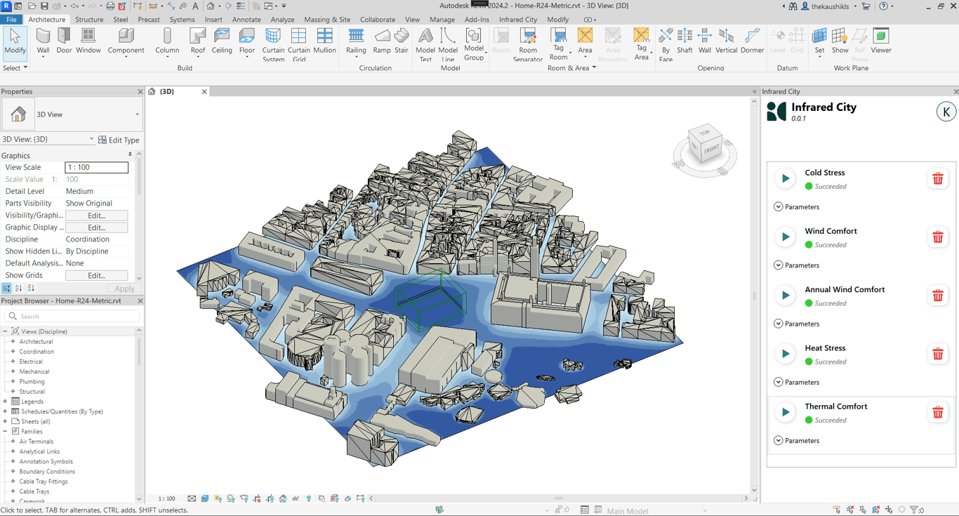 Infrared City inside Autodesk Revit, with the simulation panel and wind result visible